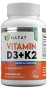 Vitamines HAYAT Vitamine végétalienne D3+K2 (5000 UI + 100 MCG), supplément alimentaire pour os, dents, muscles et immunitaires, 2 mois d'approvisionnement, halal certifié, 60 capsules, fabriqués aux États-Unis