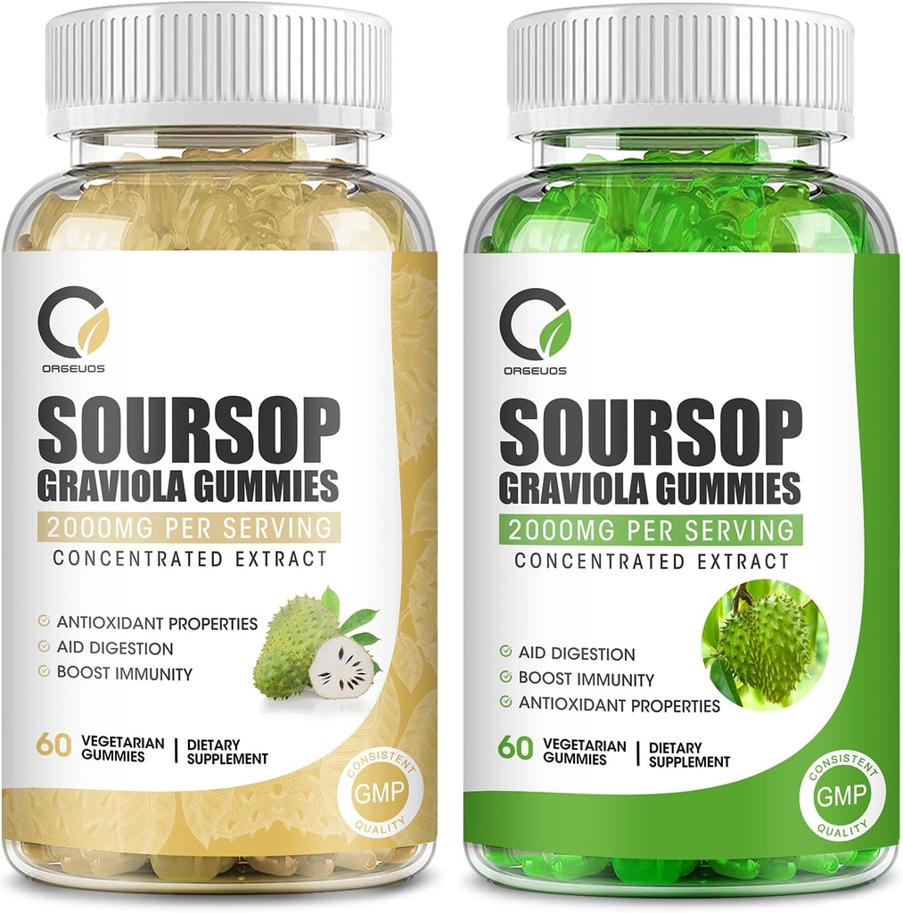 2 Pack Gommies de Sourop Graviola, Extrait de Sourop Feuille Flavor et authentique Extrait de Sourop Flavor, pour le soutien cellulaire et la régénération, Immunité, Foie, Zzz et Antioxydant - Sans gluten, végétalien