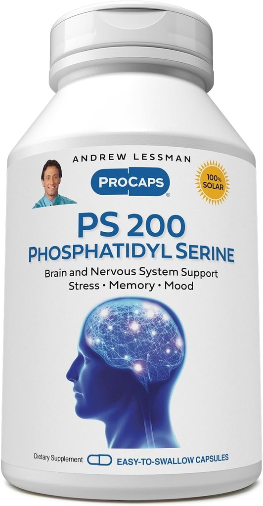 ANDREW LESSMAN PS 200 Phosphatidyl Serine 240 Capsules - Supports Mental Clarity, Positive Mood, Memory, Cognitive Function. Essential for Neurotransmitter Production and Release. No Additives