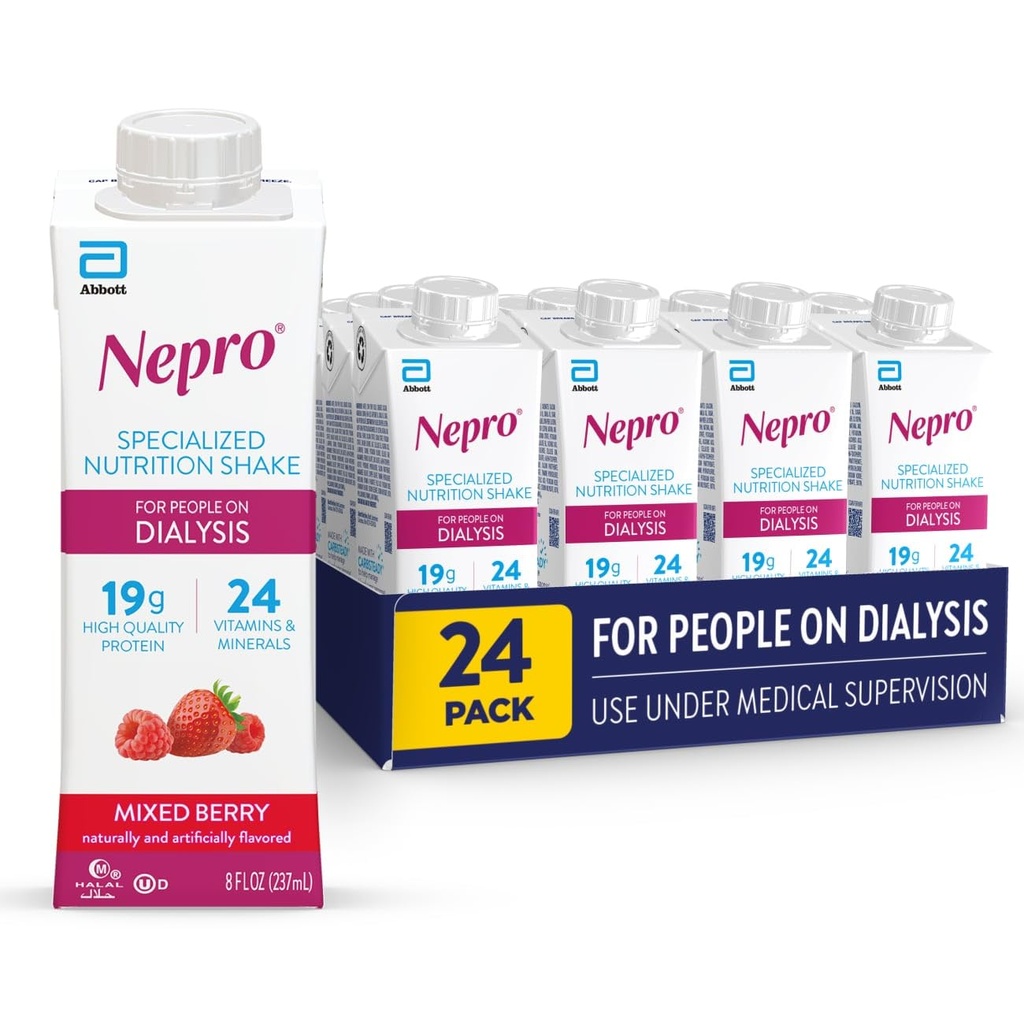 Nepro Nutrition Shake pour les personnes en dialyse, 19g de protéines, 420 calories, Berry mélangé, 8 fl oz, boîte de 24