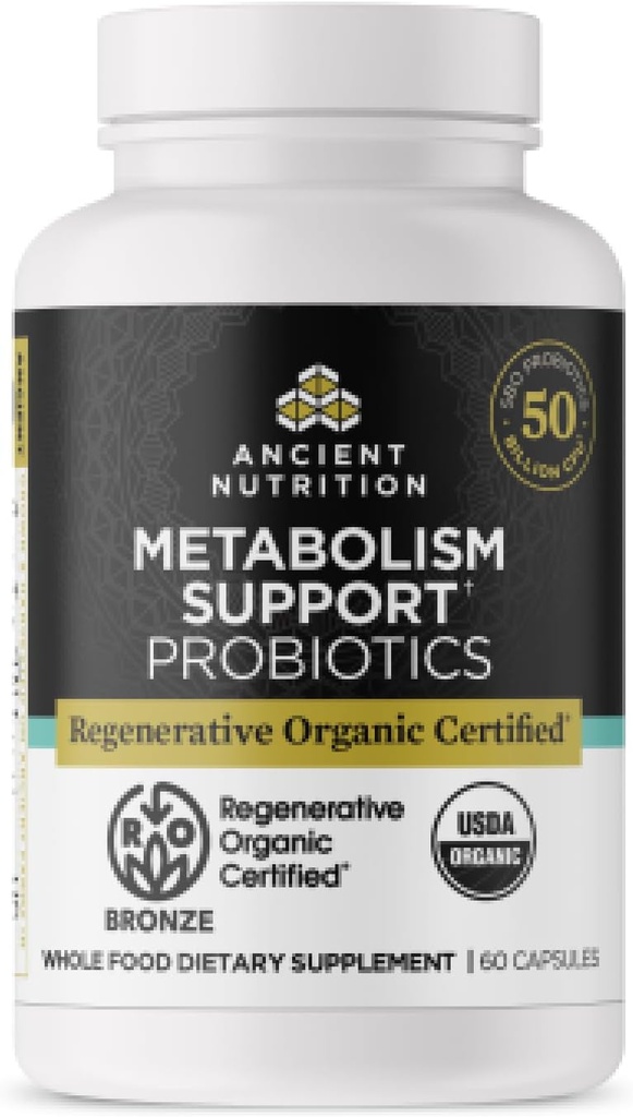 Ancient Nutrition Regenerative Organic Certified Probiotics for Metabolism Support, Healthy Digestion and Immune System Function Support, 50 Billion CFUs* Per Serving, 60 Count