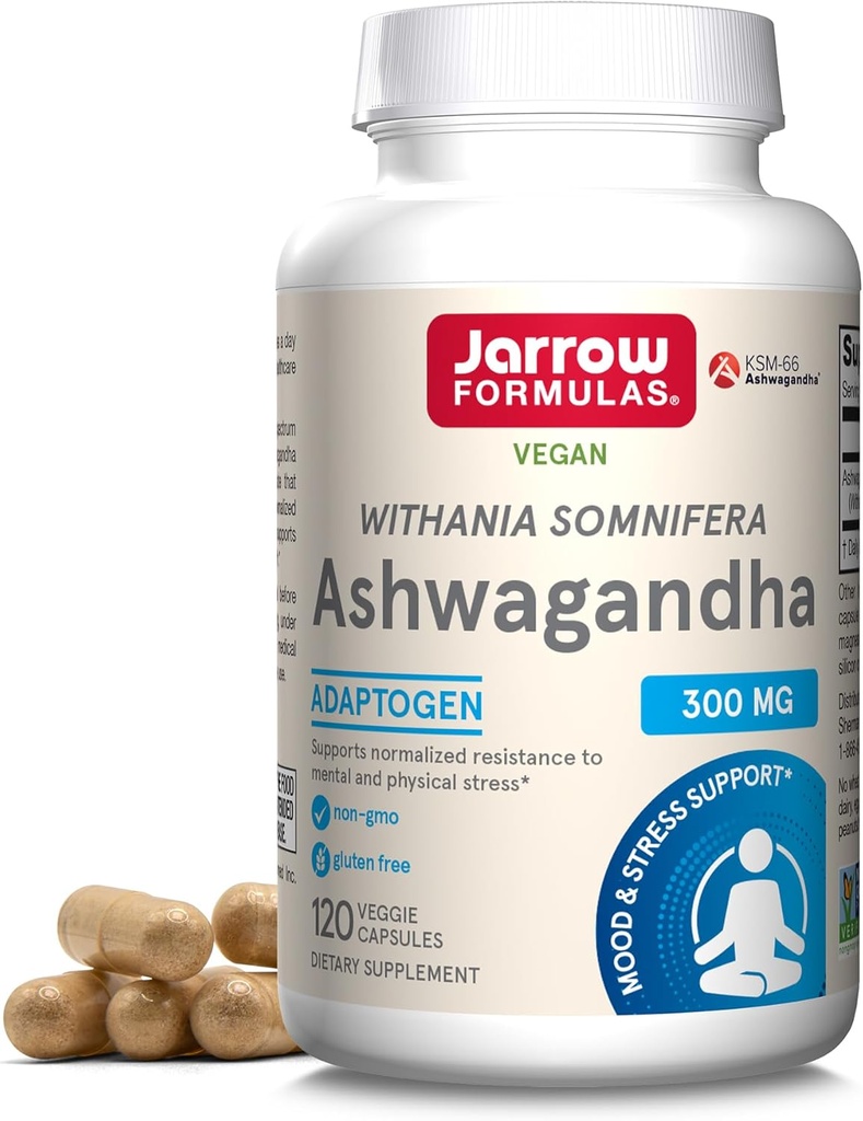 Jarrow Formulas® Capsules Ashwagandha, 300 mg Supplément soutient la résistance normalisée au stress mental et physique, 120 Capsules Veggie, 60 jours d'approvisionnement