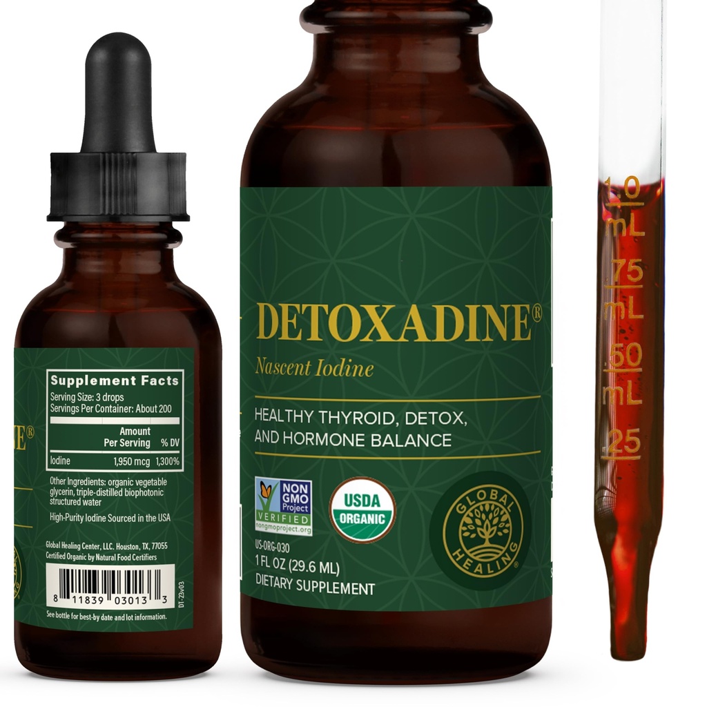Global Healing Center - Detoxadine - Des gouttes de suppléments d'iode liquide pour le soutien thyroïdien, le nettoyage détox et le métabolisme - non-OGM, végétalien, 200 portions gouttes d'iode (1 Oz)