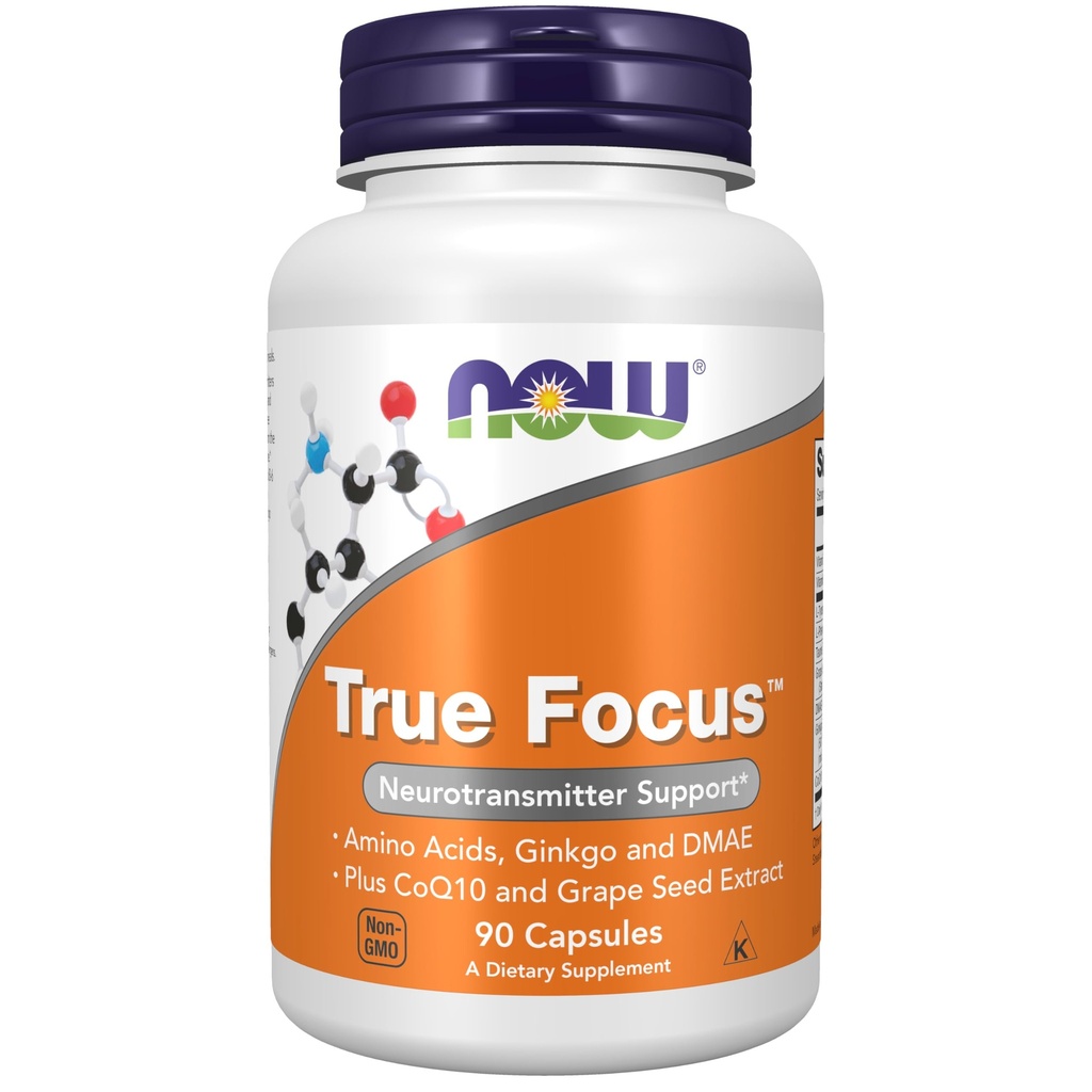 MAINTENANT compléments alimentaires, True FocusTM avec acides aminés, Ginkgo, DMAE + CoQ10 et extrait de graines de raisin , 90 capsules de légumes