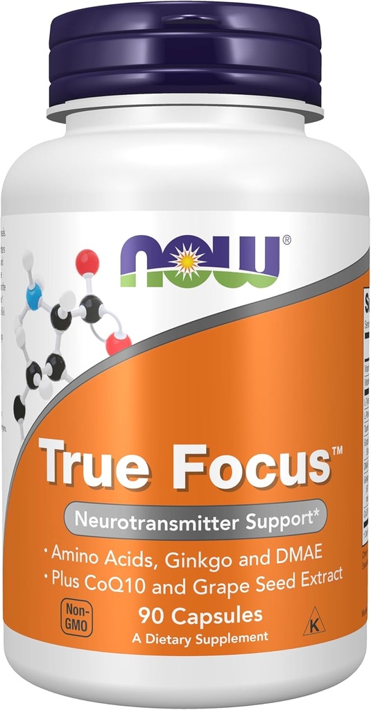 NOW Foods Supplements, True Focus™ with Amino Acids, Ginkgo, DMAE + CoQ10 and Grape Seed Extract , 90 Veg Capsules