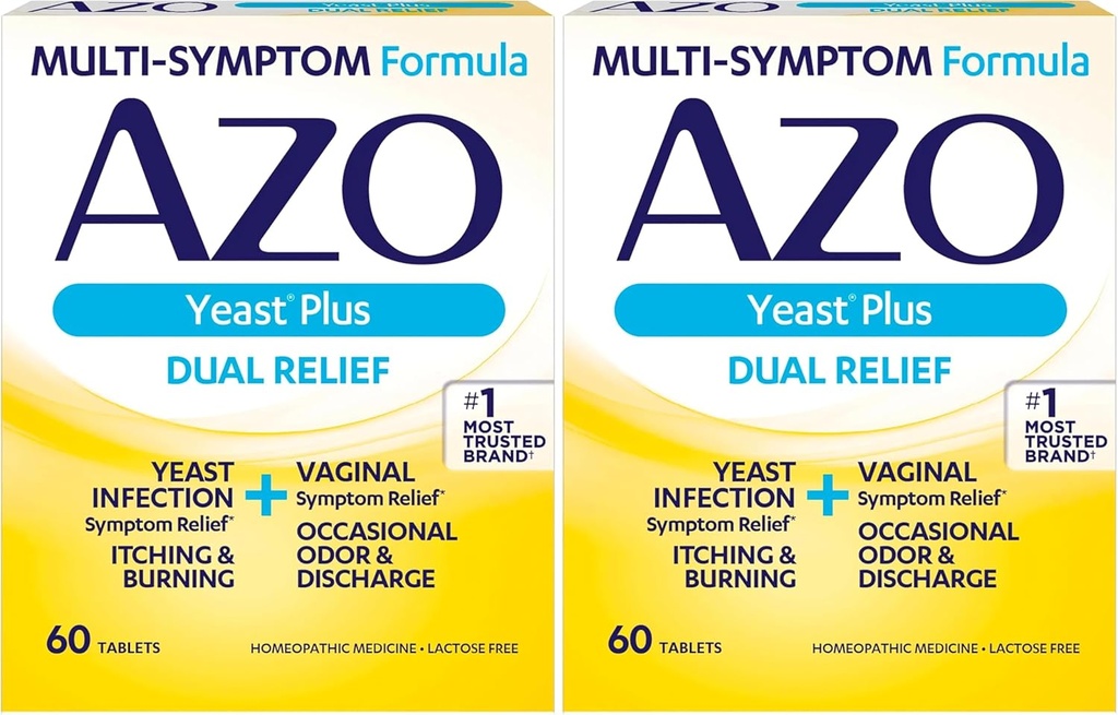 AZO Yeast Plus Comprimés de double soulagement, l'infection à levure et le soulagement des symptômes vaginaux, soulage les démangeaisons et les brûlures, 60 comtes (paquet de 2)