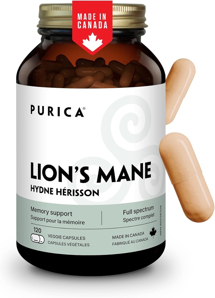 PURICA - Lion's Mane Micronised Mushrooms, 120 Capsules Vegan 60 jours d'approvisionnement - Promotion de la santé cognitive - Non-OGM et sans gluten - Focus and Memory Support - Cerveau Health and Improve Digestion