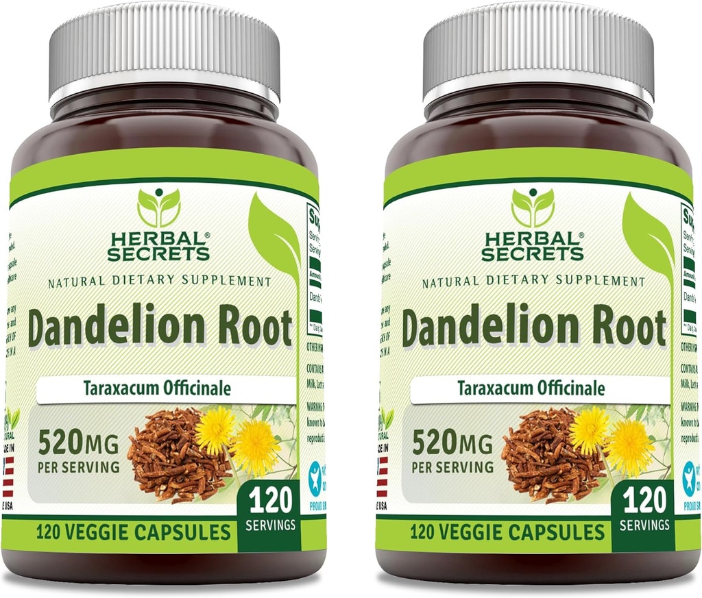 Secrets à base de plantes Racine de dandelion 520 mg Capsules de légumes Supplément : Non-OGM , sans gluten , Fabriqué aux États-Unis (120 Count , 2 Pack)