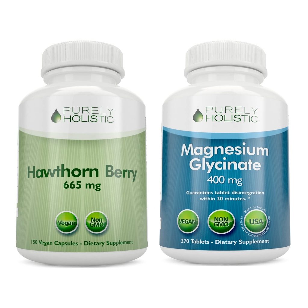 Berry Hawthorn purement holistique 665mg + Glycinat de magnésium 400mg + 150 Capsules et 270 comprimés - Ensemble végétalien - Fabriqué aux États-Unis
