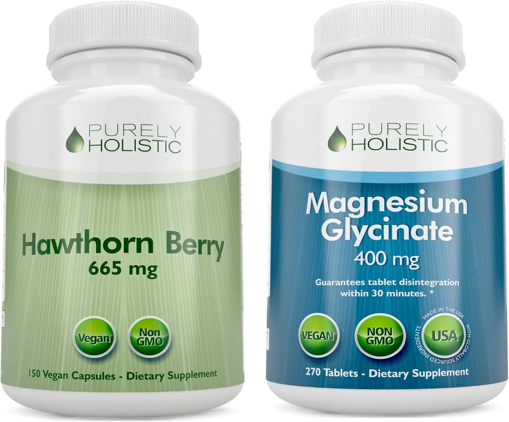 Berry Hawthorn purement holistique 665mg + Glycinat de magnésium 400mg + 150 Capsules et 270 comprimés - Ensemble végétalien - Fabriqué aux États-Unis