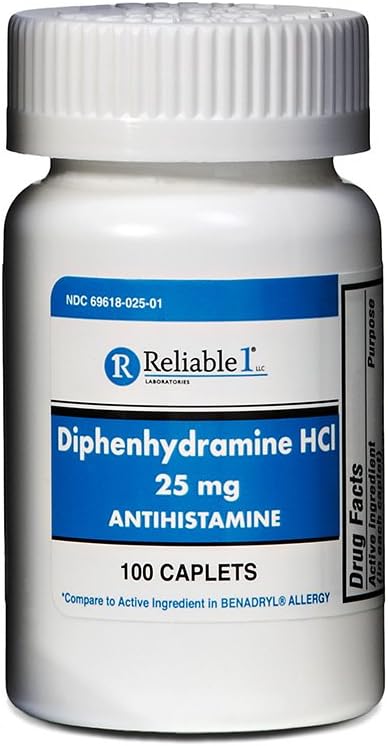 Fiable 1 Diphenhydramine HCI 25mg Antihistamine 100 Caplets (1 bouteille)