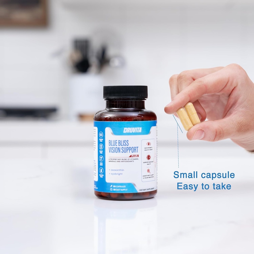 Blue Bliss Vision Support - Vitamines oculaires avec Lutéine, Biotine, Bilberry et Zeaxanthin - Supplément de vitamine pour la santé de la vision et la préservation des adultes Aînés 60 Capsules de Véggie 30 Jours d'approvisionnement