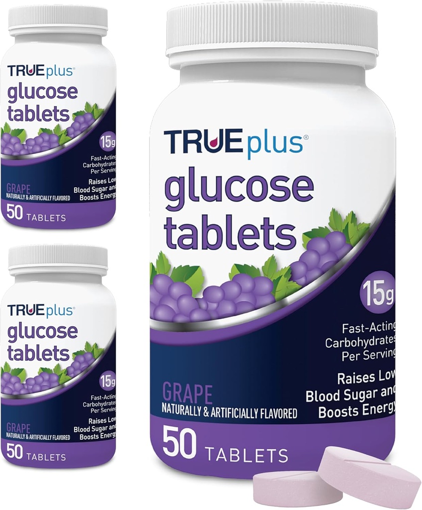 Comprimés de glucose TRUEplus®, saveur de raisin - Flacon 50ct – 3 emballages