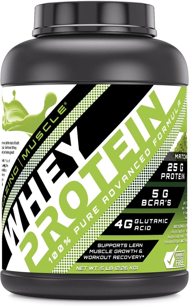 Amazing Muscle 100% Whey Protéine Poudre *Formule évoluée avec la protéine Whey Isolate comme ingrédient primaire avec concentré de protéines de lactosérum ultra filtré ( Matcha japonais, 5 Lb)
