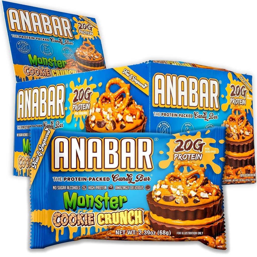 Barre de protéines Anabar, la barre de bonbons emballée en protéines, incroyable barre de protéines de dégustation, pas d'alcools de sucre, haute protéine, incroyablement délicieux (12 barres, croustillant de biscuits Monster chocolat au lait)