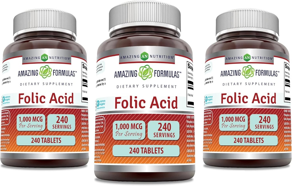 Formules étonnantes Acide folique 1000 mcg (1 mg) Comprimés Suppléments Vitamine B9-GMO (sans gluten) Fabriqués aux États-Unis (240 Count)