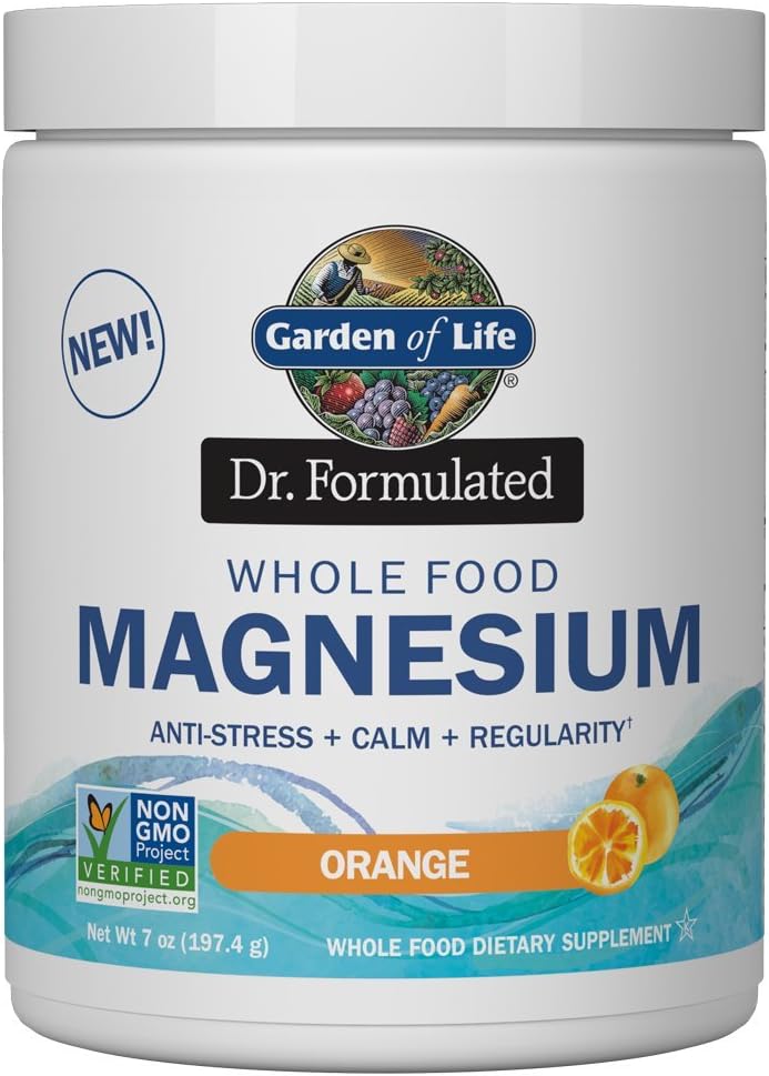 Garden of Life Dr. Formulated Whole Food Magnesium 197.4g Powder - Orange, Chelated, Non-GMO, Vegan, Kosher, Gluten & Sugar Free Supplement with Probiotics - Best for Anti-Stress, Calm & Regularity