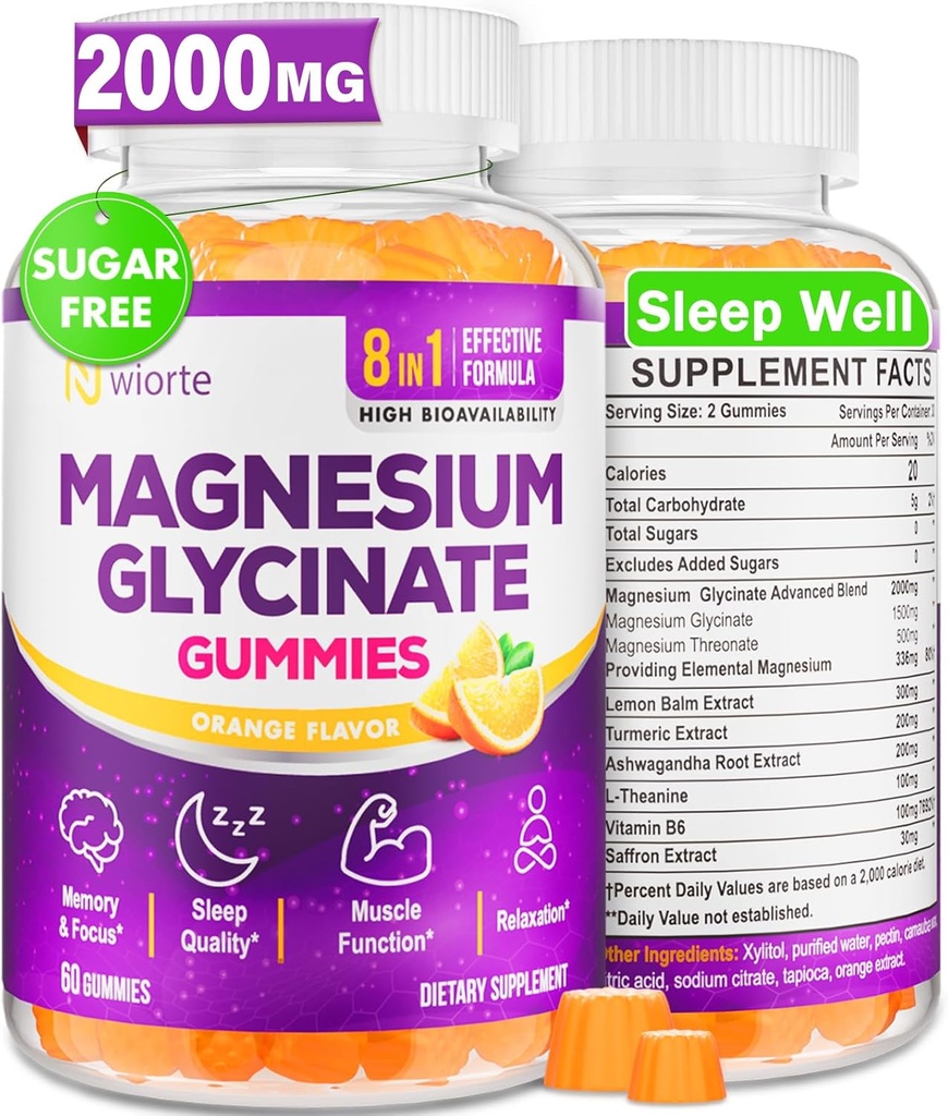 Supplément de Glycinat de magnésium pour adultes femmes, Gommies de magnésium avec L-Thréonate, Ashwagandha, Vitamine B6- Sommeil, Relaxation, Calme, Énergie, Vegan, Sans sucre, 60 Compte