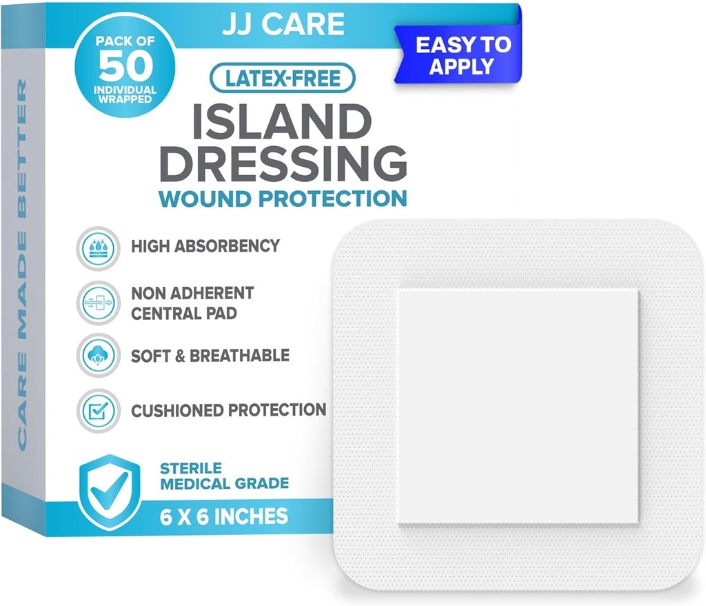 JJ CARE Adhesive Island Dressing [Pack of 50], 6x6 Stérile Borded Gauze Dressing, Respirant Island Wound Dressing Individually Wraped with Highly Absorbent Non-Stick Center Pad