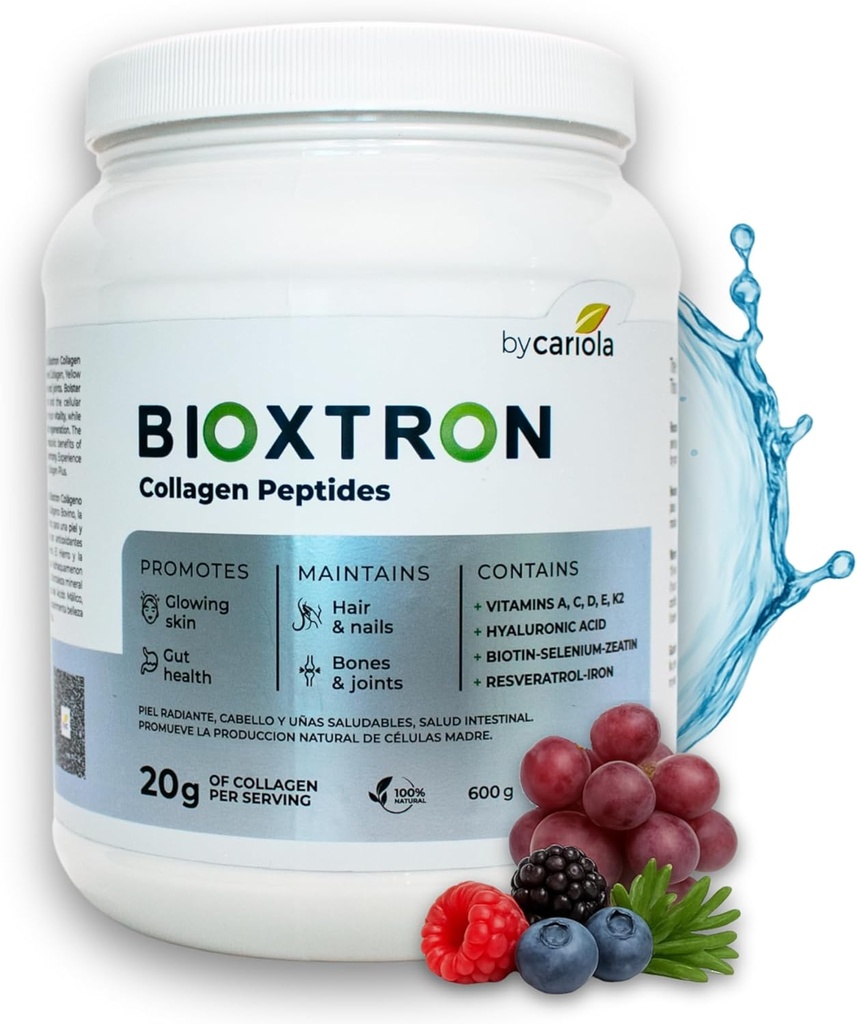 Bioxtron Collagen Peptides Poudre - Non aromatisée, Bovin de type I avec renouvellement de cellules souches pour cheveux, ongles, peau, Gut, os et soutien de santé articulaire - acide hyaluronique, protéines, biotine - 600g (30 portions)