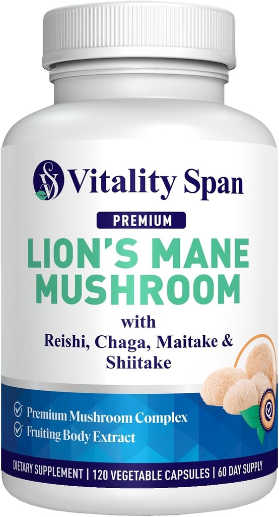 Lions Mane Supplément Capsules - Extrait de Champignons: Chaga, Maitake, Reishi & Shiitake Champignons.