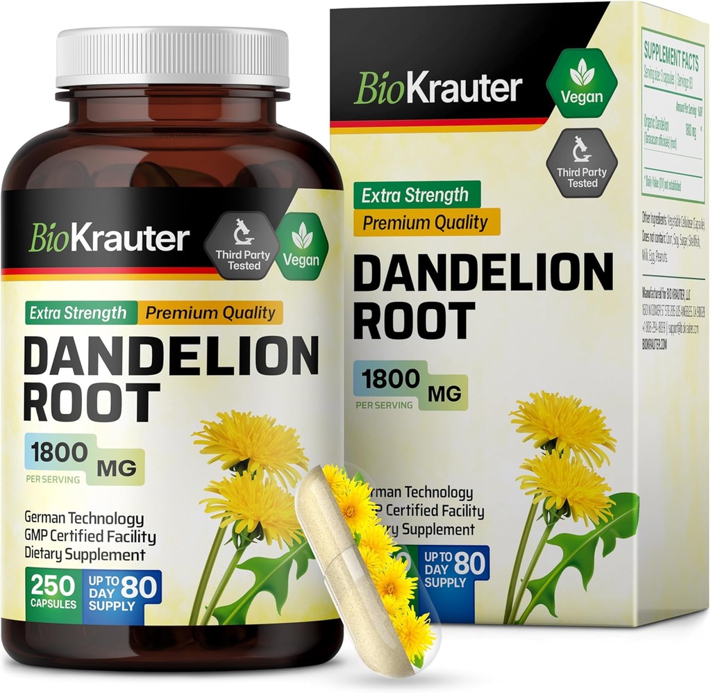 BIO KRAUTER Supplément racine de dandelion - 1800 mg Résistance - 250 Compte - Capsules racine de dandelion - Capsules véganes pour le soutien du foie et l'immunité