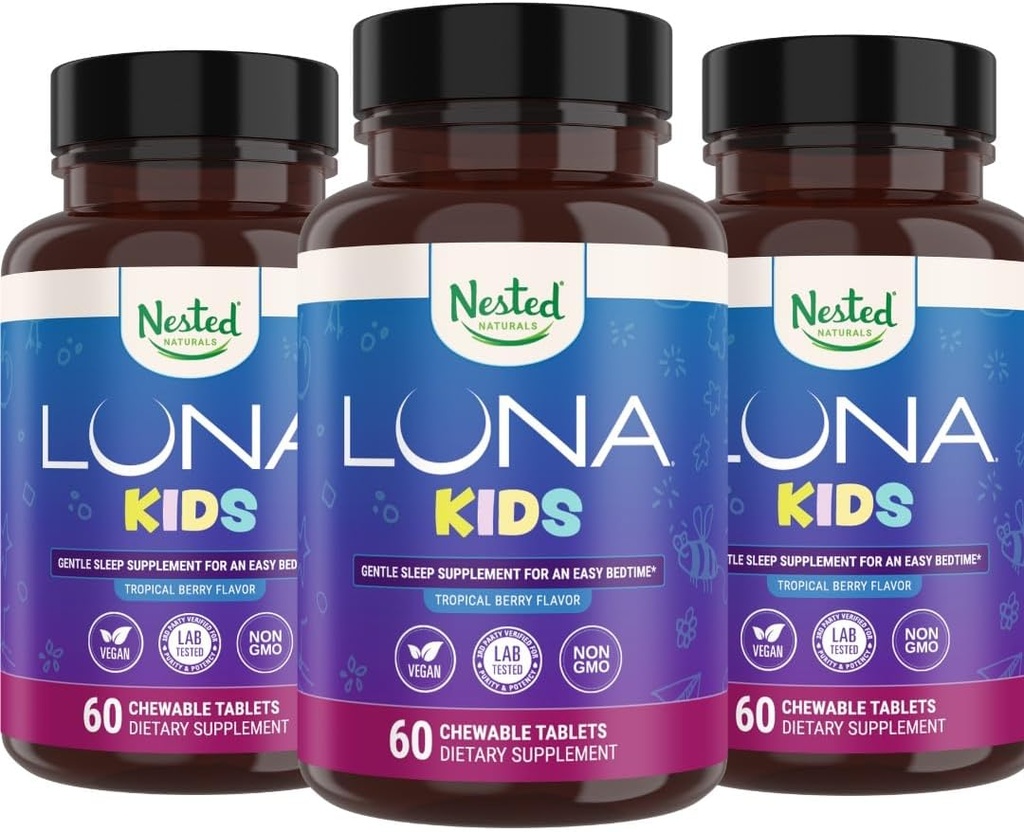 Nested Naturals Luna Kids Supplément de sommeil - pour les enfants et les adultes sensibles à la mélatonine - Supplément à base de plantes doux avec la camomille, la mélatonine et la valériane - 180 comprimés à croquer (60 par bouteille)