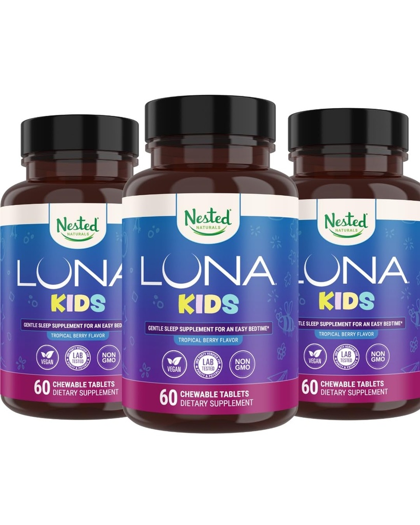 Nested Naturals Luna Kids Supplément de sommeil - pour les enfants et les adultes sensibles à la mélatonine - Supplément à base de plantes doux avec la camomille, la mélatonine et la valériane - 180 comprimés à croquer (60 par bouteille)
