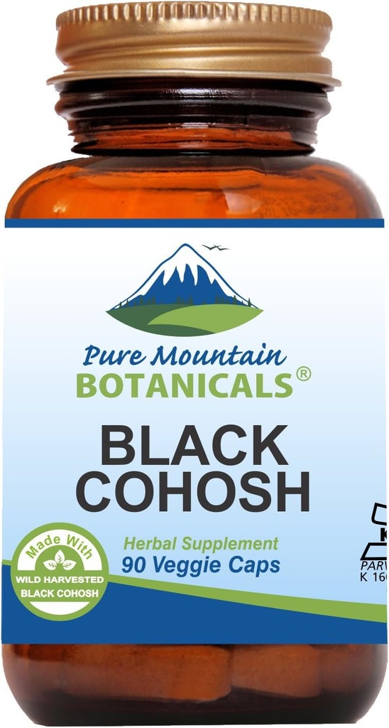 Pure Mountain Botanicals Capsules Cohosh Noir - 90 Kosher Caps végétaliens - Maintenant avec 500mg Racine Cohosh Noir Sauvage - Natures Support pour la ménopause