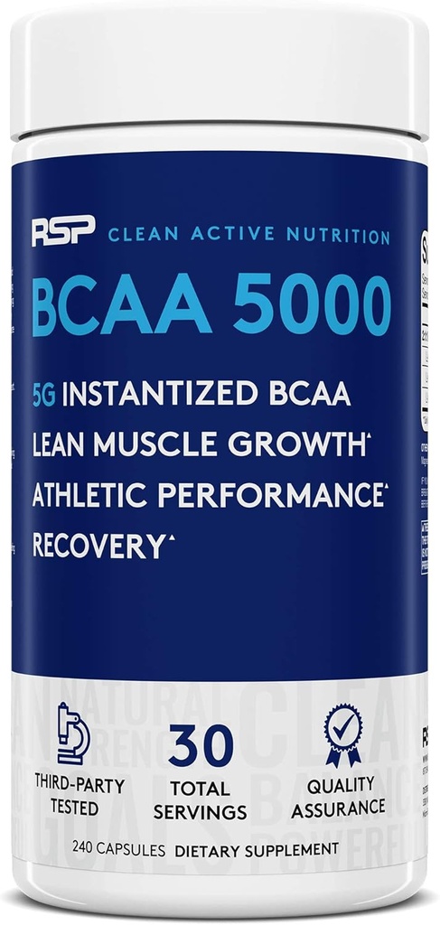 RSP BCAA 5000 (30 Serv), Capsules BCAA Premium pour la récupération, l'endurance et l'énergie musculaires après l'entraînement, 5g d'acides aminés à chaîne ramifiée essentielle par portion