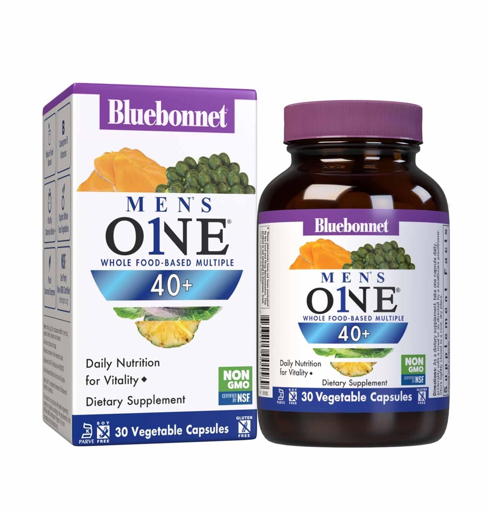 BlueBonnet Nutrition Mens' ONE 40+ Multiple à base d'aliments entiers, multivitamines pour hommes 40+, sans soja, sans OGM, sans gluten, casher, 30 capsules végétales, 30 portions