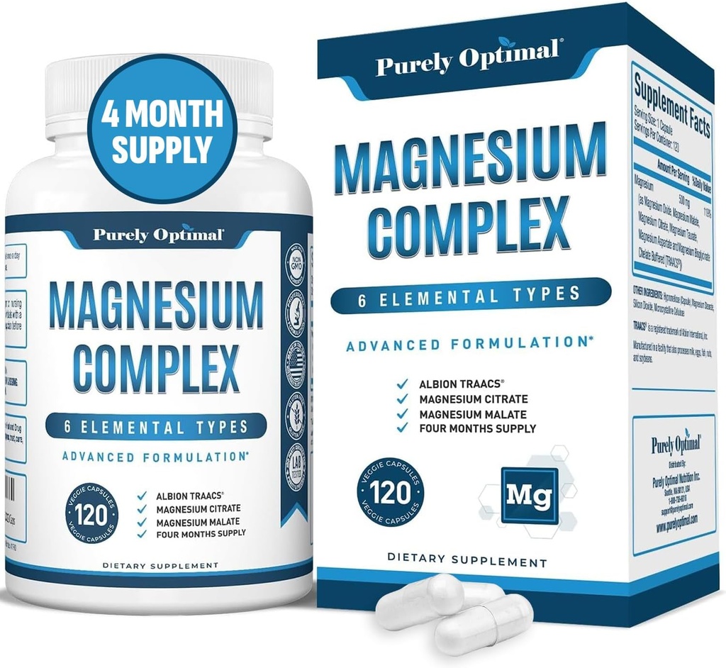 Complexe Magnésium Purement Optimisé - 6 formes Magnésium Glycinate, Citrate et Malate - Soutien du sommeil, Soulagement du stress, Muscles, Santé du coeur et relaxation - Supplément Magnésium pour les femmes et les hommes, 120 Caps