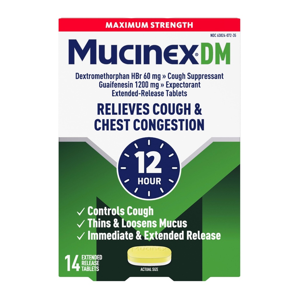 Suppresseur de la toux et expectorant, Mucinex DM Résistance maximale 12 heures Comprimés, 14ct, 1200 mg Guaifènesine, soulage la congestion thoracique, calme la toux humide et sèche, 1 médecin recommandé OTC Expectorant