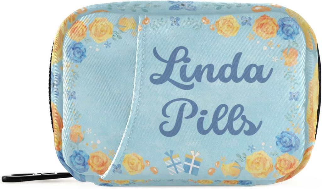 Custom Pill Box 7 Day Pill Case Bag Blue Yellow Flower Nom personnalisé Travel Pill Organizer Bag with Zipper Portable Weekly Case Compact Size for Vitamin Supplement Holder
