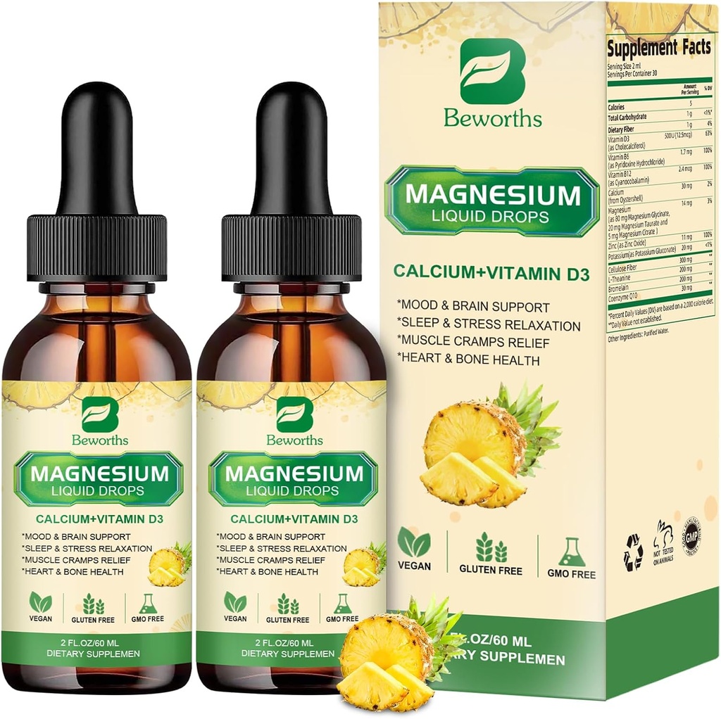 Gouttes liquides complexes de magnésium, gouttes liquides de glycine de magnésium avec Taurate de magnésium, Citrate, Calcium, Potassium, Vitamine, Zinc (2 Fl Oz (paquet de 2), Ananas)