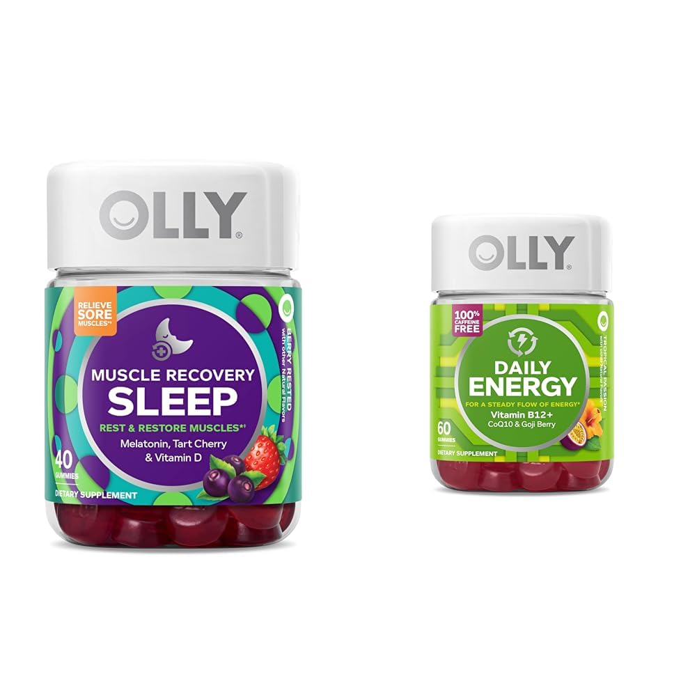 Gommies de sommeil pour la récupération musculaire, soutien musculaire pour le sommeil et les douleurs, 3 mg de mélatonine, cerise de tart et gommy d'énergie quotidienne, sans caféine, vitamine B12, CoQ10, baie de Goji, supplément à croquer pour adultes