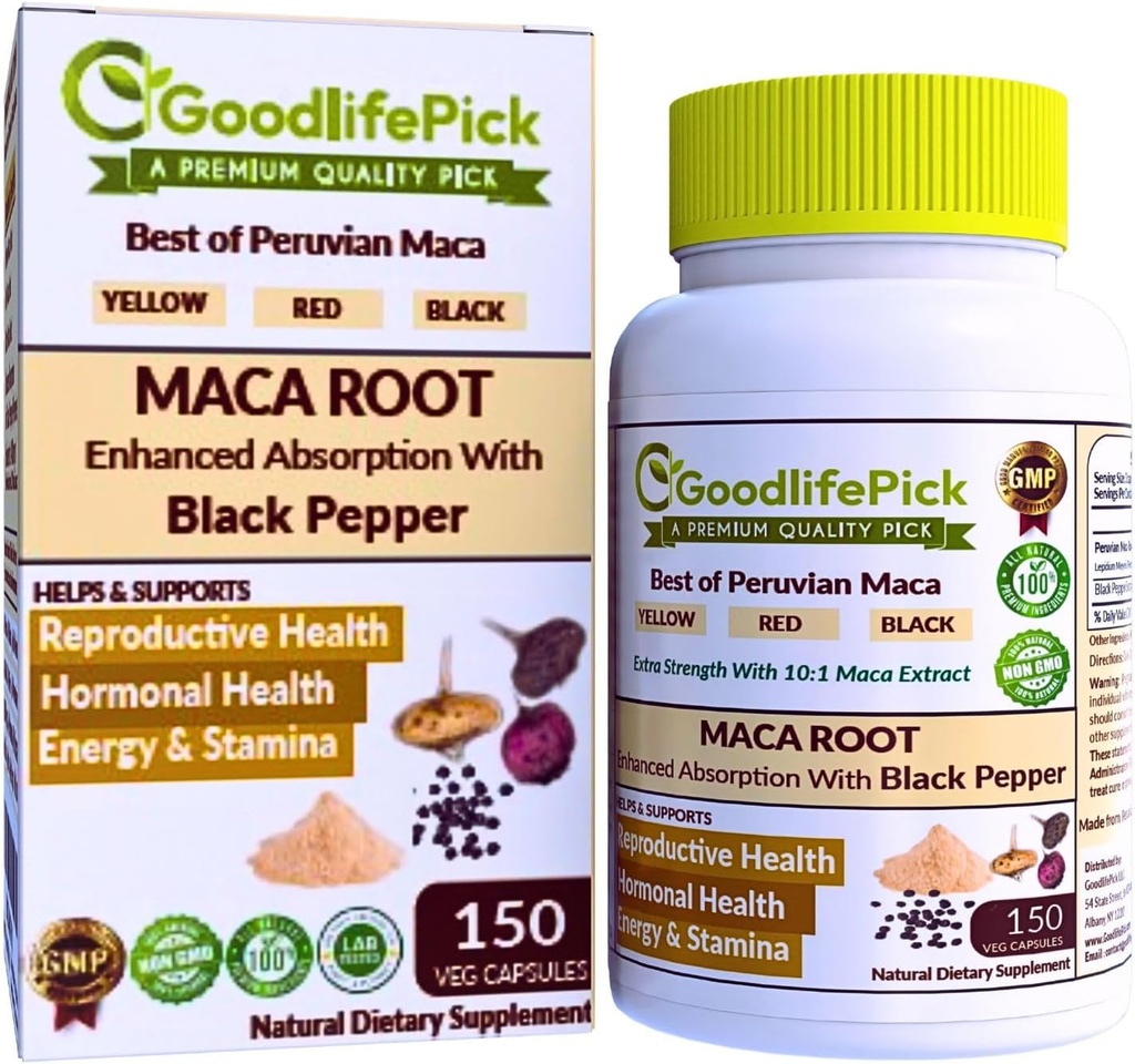 Capsules de racine de maca péruvienne avec poivre noir 150 ct. Premium jaune Maca rouge Maca et noir rouge Maca puissant 10:1 Tout type Maca extrait tout naturel non-OGM végétalien NO poudre de riz NO stéarate NO silicone
