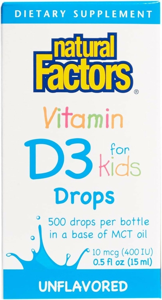Facteurs naturels, vitamine D3 gouttes 400 UI (10 mcg) pour les enfants, soutient les os forts et la fonction immunitaire, 0,5 fl oz, 0,5 Oz