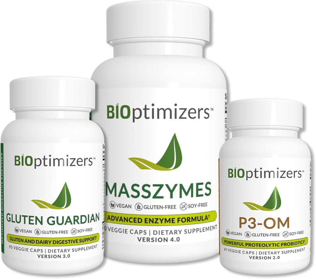 BiOptimizers Complete Gut Health Bundle - Enzymes digestifs avec probiotiques et prébiotiques - Bloating Relief and Digestive Balance - P3-OM, Gluten Guardian, MassZymes (270 capsules)