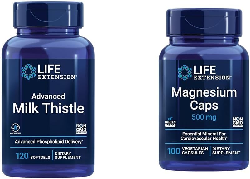 Prolongation de vie Thistle de lait avancé 120 Softgels et Magnésium 500mg Capsules pour la santé du foie, le soutien de la détox, la santé cardiaque et les os sains