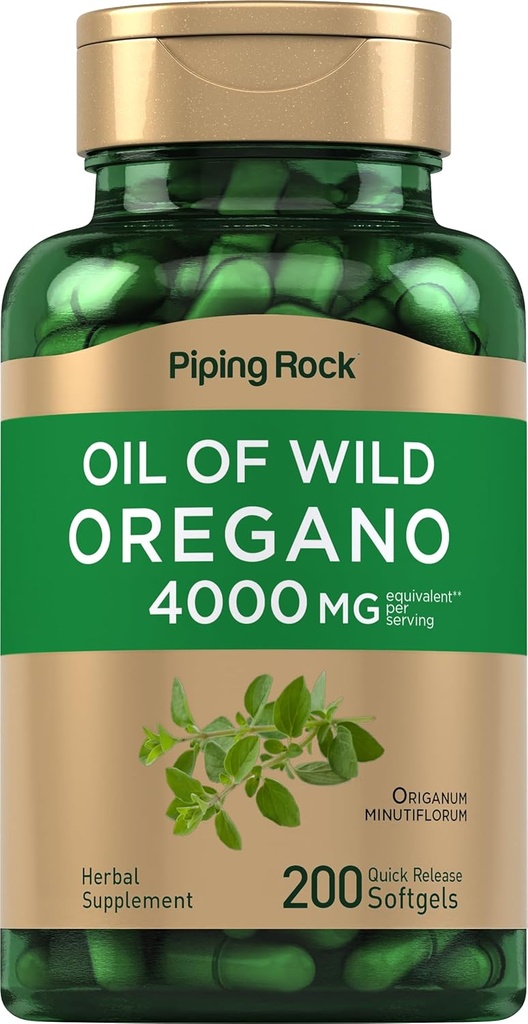 Piping Rock Oregano Oil Softgel Capsules 4000mg, 200 pilules, 200 pilules, supplément d'extrait d'herbes sauvages récoltés, sans OGM, sans gluten