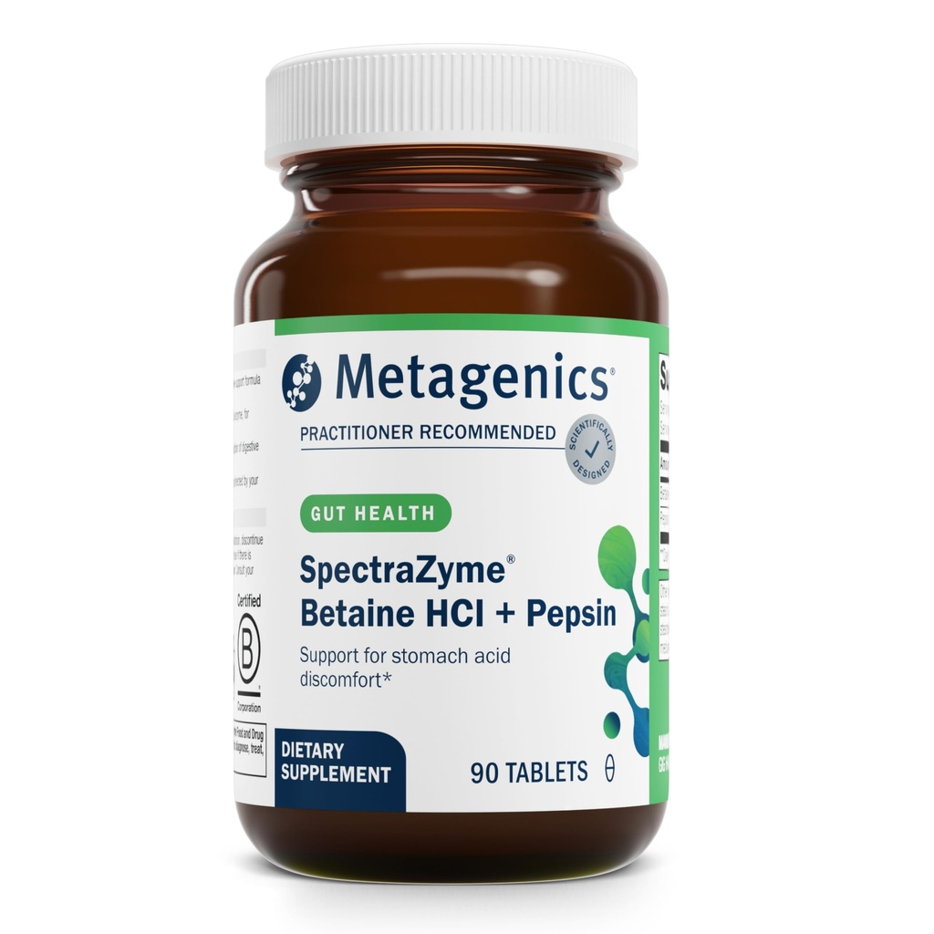 Metagenics SpectraZyme Betaine HCl with Pepsin - Digestive Support for Protein Breakdown & Nutrient Absorption* - Betaine Hydrochloride 650 mg & Pepsin 40 mg - Non‑GMO, Gluten‑Free - 90 Capsules