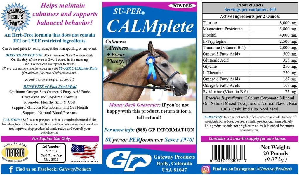 SUPER CALMplete Supplément Cheval calmant - Maintenir le calme et le comportement équilibré - Thiamine, Tryptophane et Magnésium - 20 livres, 5 mois d'approvisionnement (150 jours)