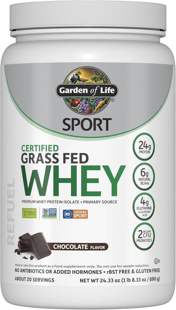 Garden of Life Sport Whey Protein Powder Chocolate, Premium Grass Fed Whey Protein Isolate Plus Probiotiques pour la santé du système immunitaire, 24g Protein, Non OGM, sans gluten, traité à froid - 20 portions