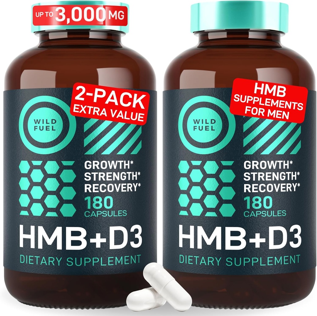 Capsules de supplément HMB et vitamine D3 - B-Hydroxy B-méthylbutyrate 1 000-3 000 MG Suppléments HMB avec vitamine D3 - Croissance musculaire, force, performance, pré-entraînement, récupération musculaire - 360 capsules