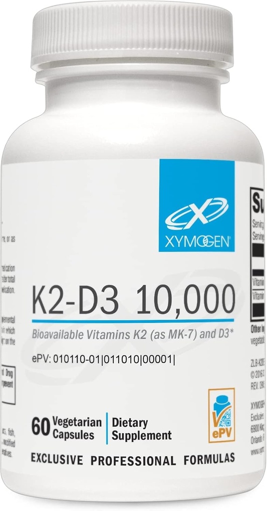 XYMOGEN K2-D3 10000 - Vitamine D3 K2 - Biodisponible Vitamine D 10 000 UI (cholecalciferol) avec MK-7 - Santé du coeur, artérielle, osseuse + supplément de soutien immunitaire (60 capsules)