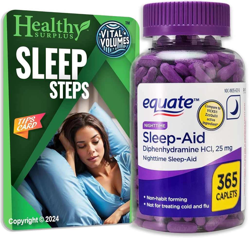 Equipe Sleep-Aid Diphénhydramine HCI 25 mg 365 Caplets et volumes vitaux Étapes du sommeil Conseils Carte
