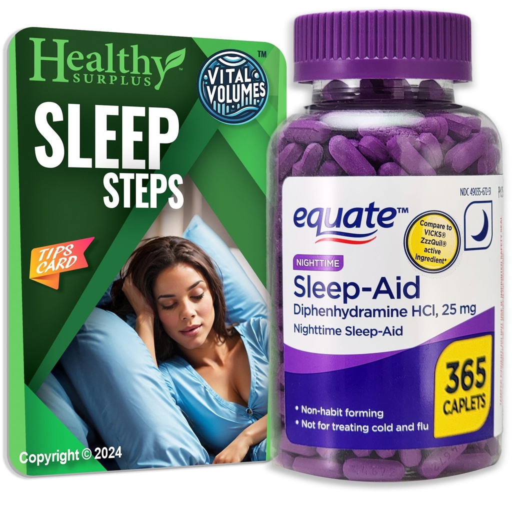Equipe Sleep-Aid Diphénhydramine HCI 25 mg 365 Caplets et volumes vitaux Étapes du sommeil Conseils Carte