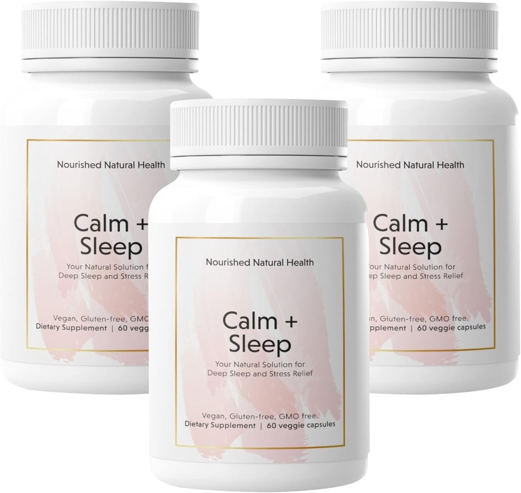 Nourri Natural - Apaisant + Capsules de sommeil pour le repos profond et la relaxation avec Ashwagandha, Camomille, Extrait de cerise Tart, Passionflower, L-theanine, & Magnésium - 180 Capsules
