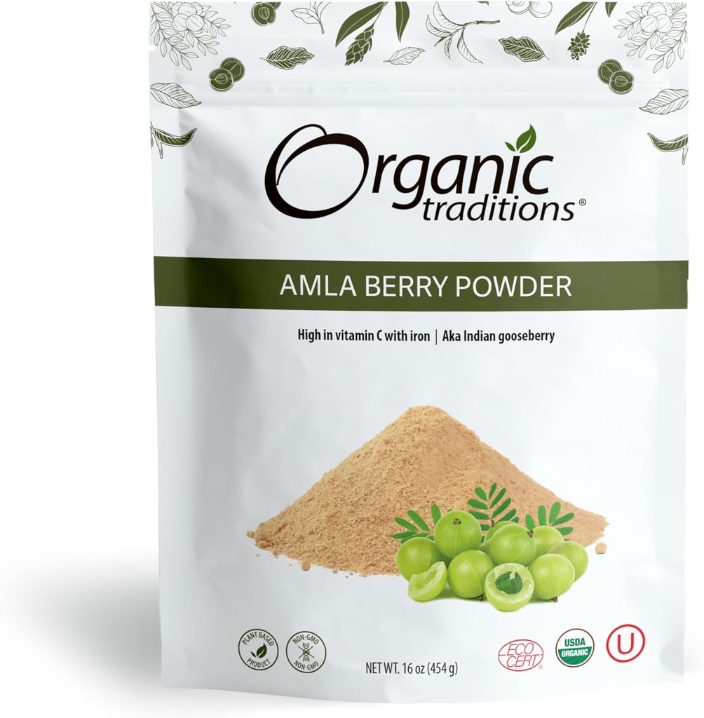 Traditions biologiques Poudre de baies d'amla biologique, en poudre de baies d'amla indienne, superaliment de fruits en poudre non-OGM biologique, sac de 1 lb 16oz (454g)